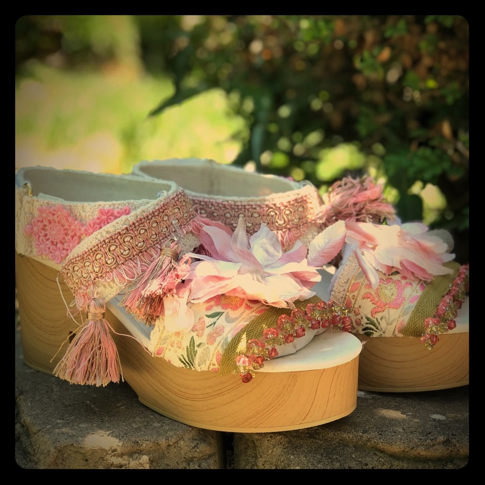 Decorated embellished floral beaded platform shoes